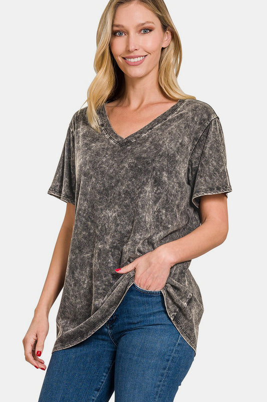 Zenana Full Size Washed Short Sleeve V-Neck T-Shirt