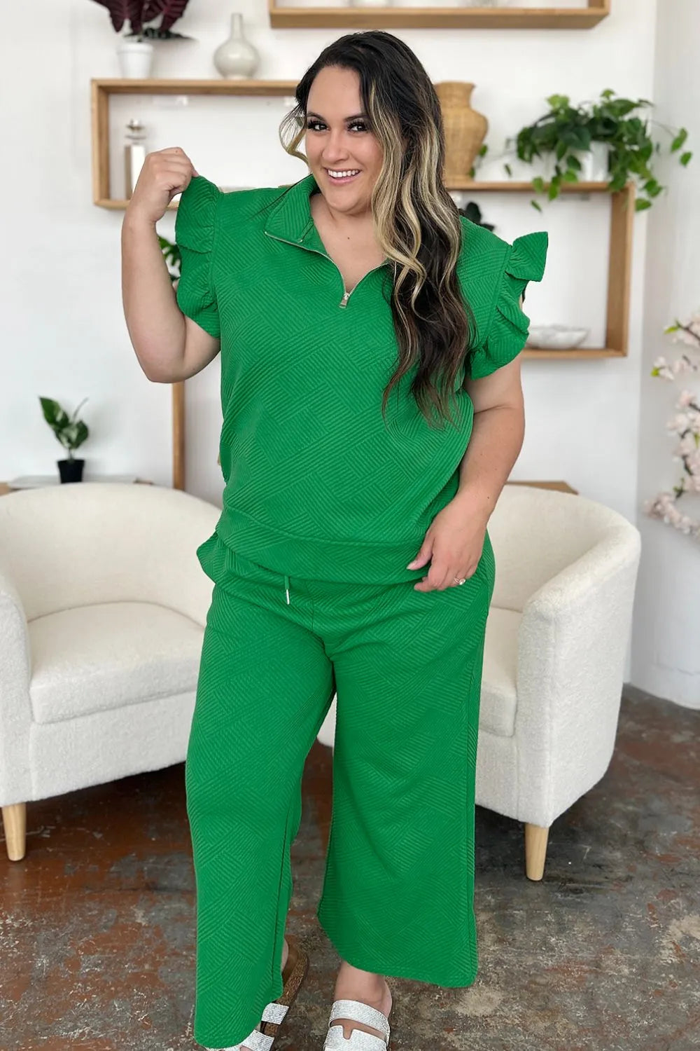 Double Take Texture Ruffle Short Sleeve Top and Drawstring Wide Leg Pants Set b98a6725-4703-435d-9c5f-360a0586293a-Max