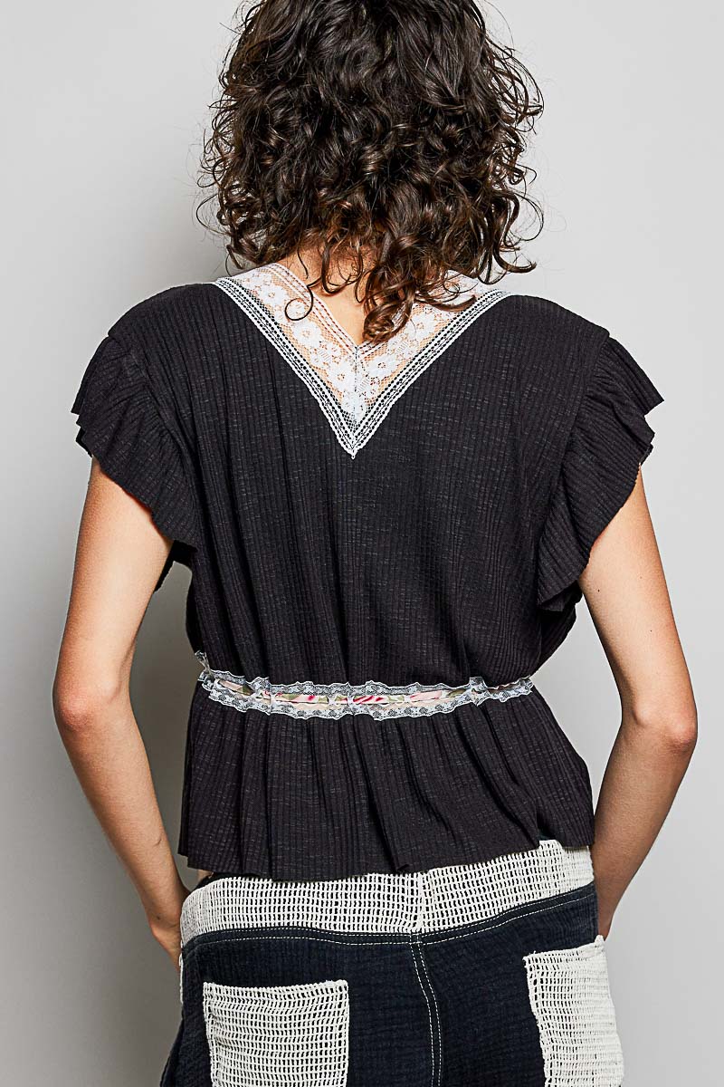 POL Tied Ruffled V-Neck Short Sleeve Blouse with Lace Detail b98fb9ff-bbdd-474f-9951-a40cb001d74b-Max