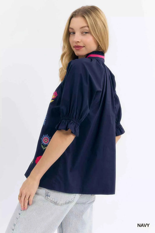 Embroidered Floral Top with Contrast Trim b997ec12-268c-4b75-86a7-c5454bd5ee64-Max-Origin