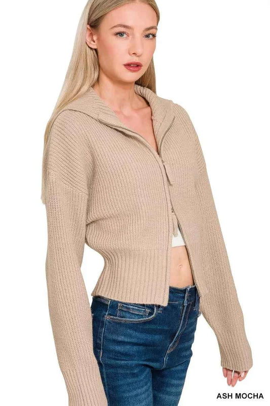 Ribbed Collared Zip Up Sweater Cardigan b99b872f53cc490aabbbff3690cbb994-Max-Origin
