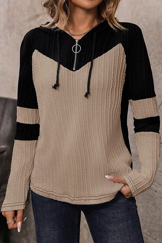Parchment Textured Patchwork Long Sleeve Hooded Top b99f4427fca32c74