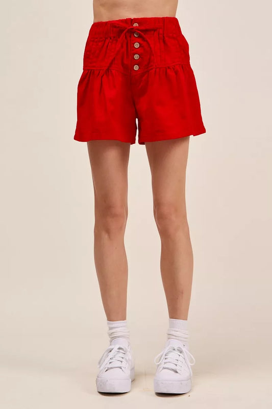 Solid Twill Denim Pintucked Buttoned Shorts With Waist Tie b9a0f263-d8a3-436b-a388-b96b1688a423-Max-Origin