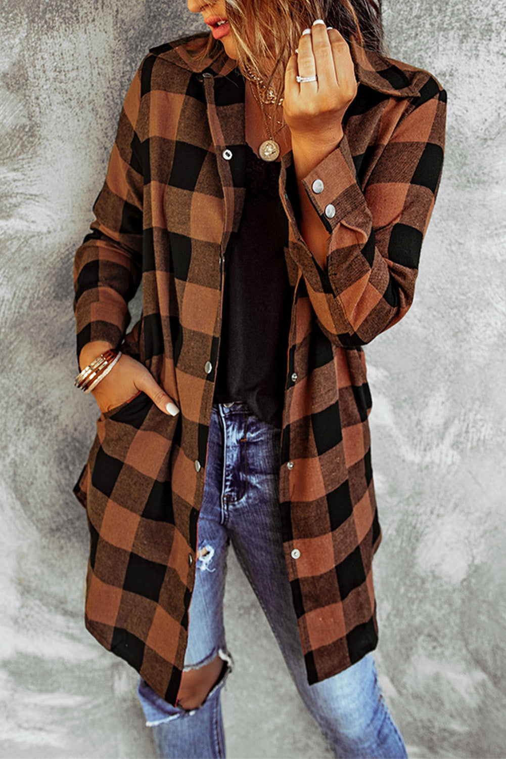 Brown & Black Plaid Collared Botton Down Long Shirt Shacket b9a1cac9c96f24bc