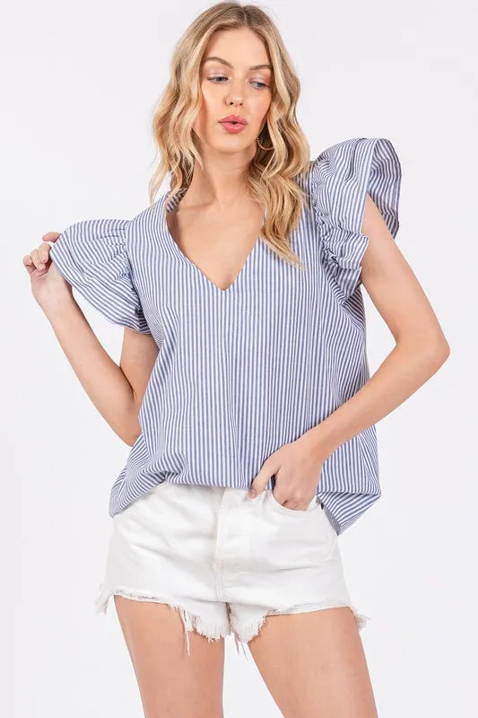 Ces Femme Striped V-Neck Ruffled Cap Sleeve Blouse b9a21aa2-d88c-4aab-83f5-c58e626b5d86-Max