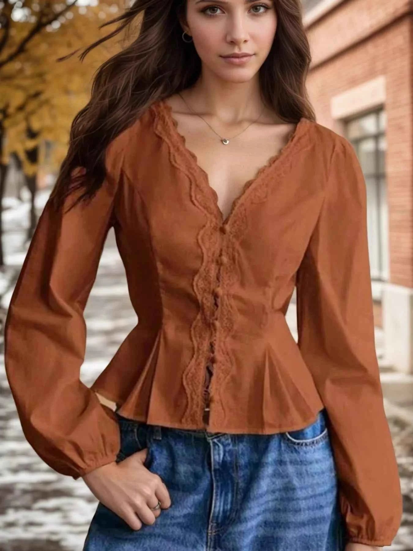Lace Detail Balloon Sleeve Blouse Caramel b9a2695965044a0c8d9895701d602da6-Max-Origin