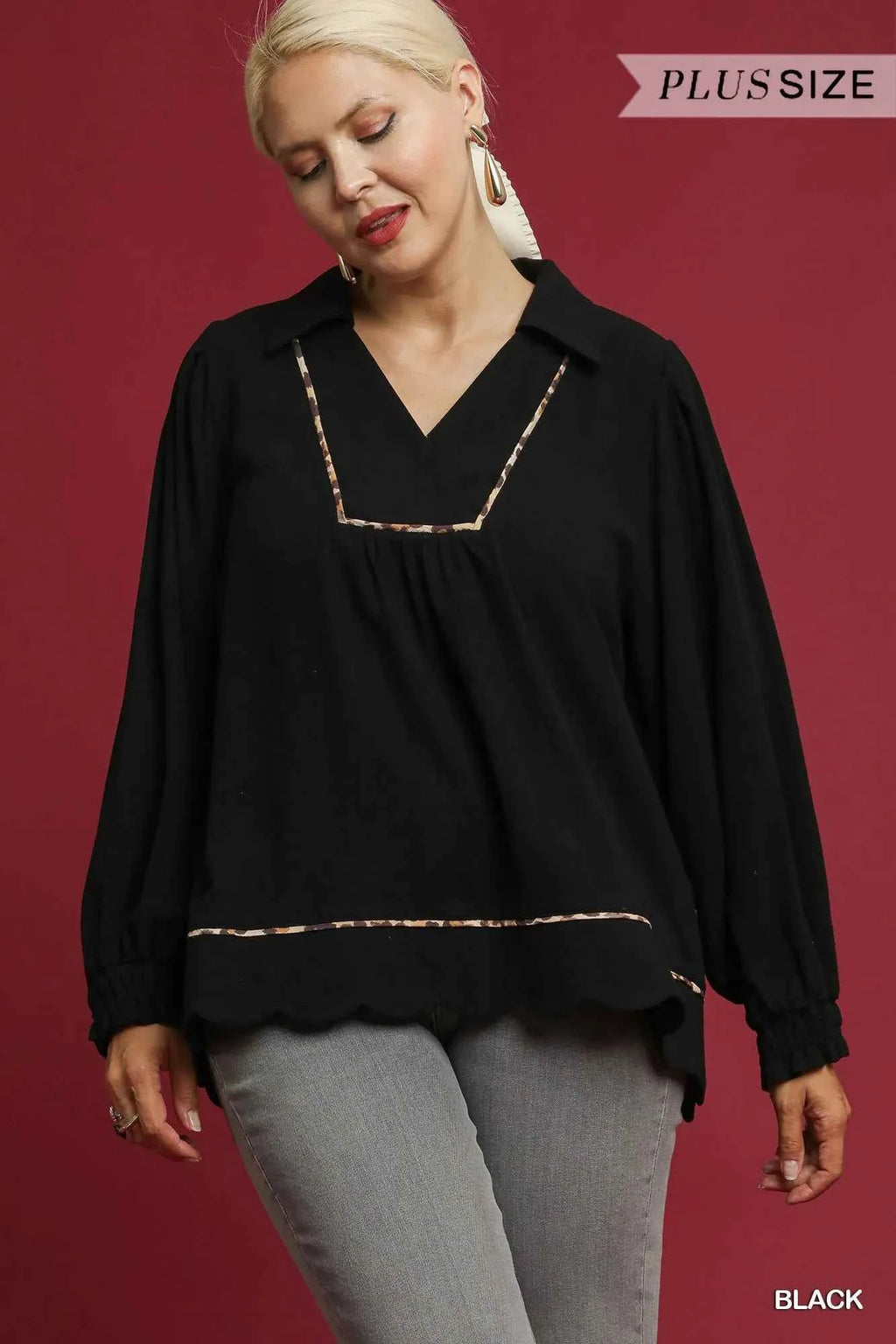 Umgee Full Size Linen Scallop Hem Blouse with Contrast Trim Plus Size b9a384bd-aff8-473c-86b8-4e2b2a8f518c-Max-Origin