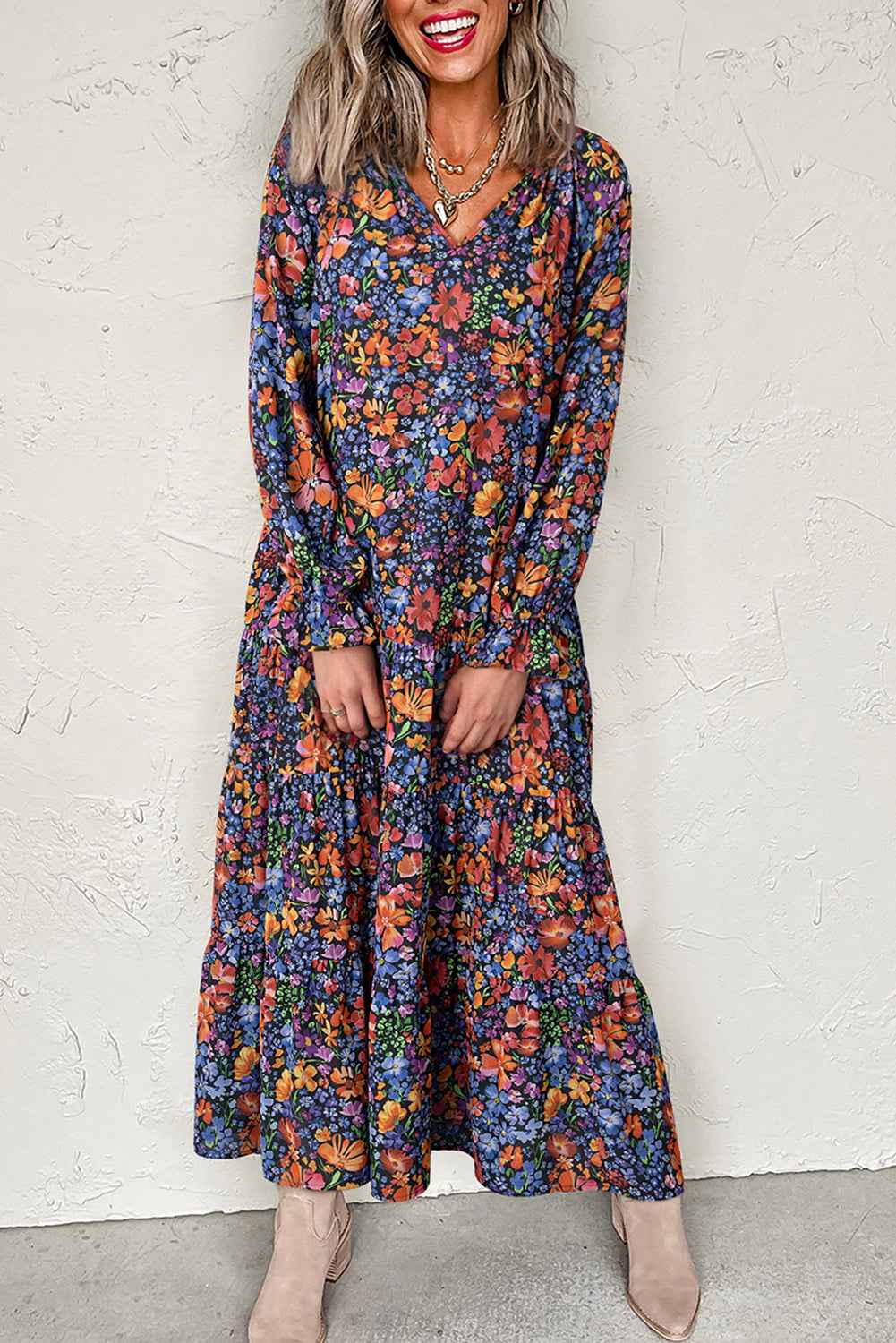 Blue Floral Print V Neck Long Sleeve Flowy Maxi Dress Blue 100%Polyester b9a5a12d047cad81