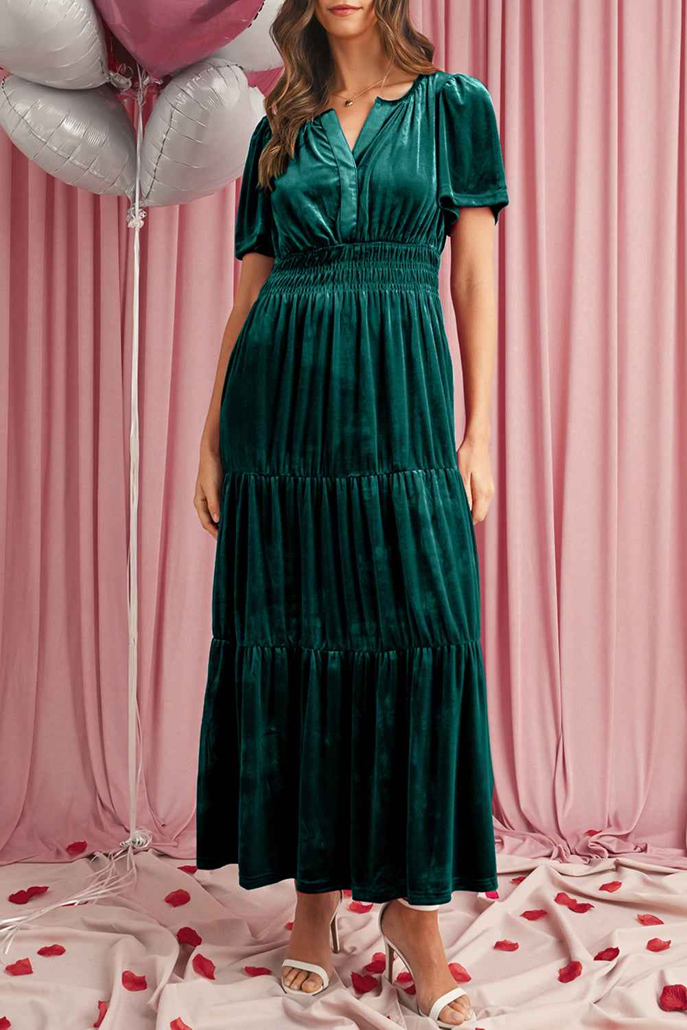 Prussian Blue Velvet Short Sleeve Shirred Waist Tiered Maxi Dress b9aad0be100f9599