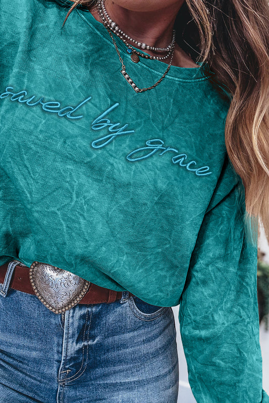 Sea Green saved by grace Letter Embroidery Mineral Wash Loose Sweatshirt b9acd6d3d5debd21