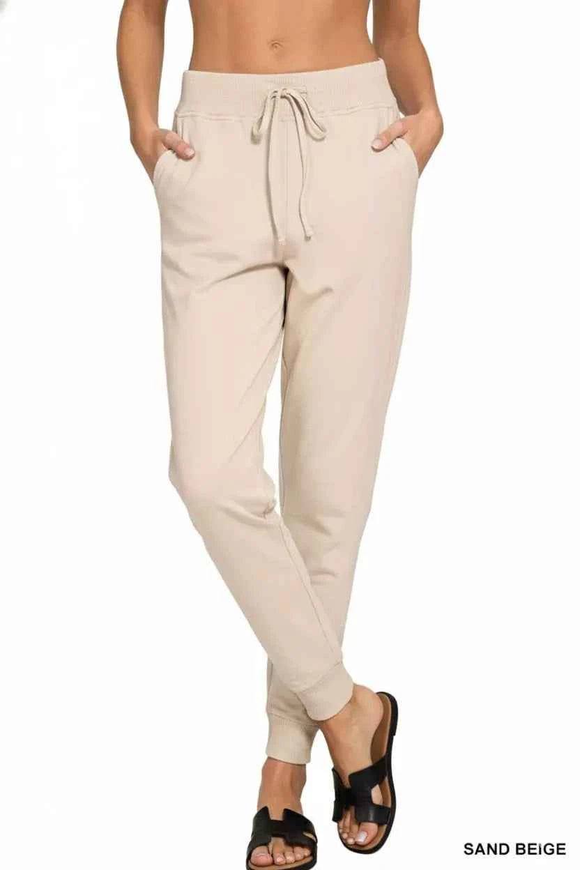 Zenana Drawstring Cotton Joggers with Pockets SAND BEIGE b9b27303-36d8-4453-8119-9fd80c47d051-Max-Origin
