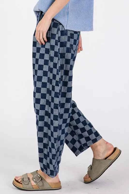 SAGE+FIG Barrel Style Leg Checkered Print Jeans b9b28fff3ba74768a4990aa4a3744020-Max-Origin