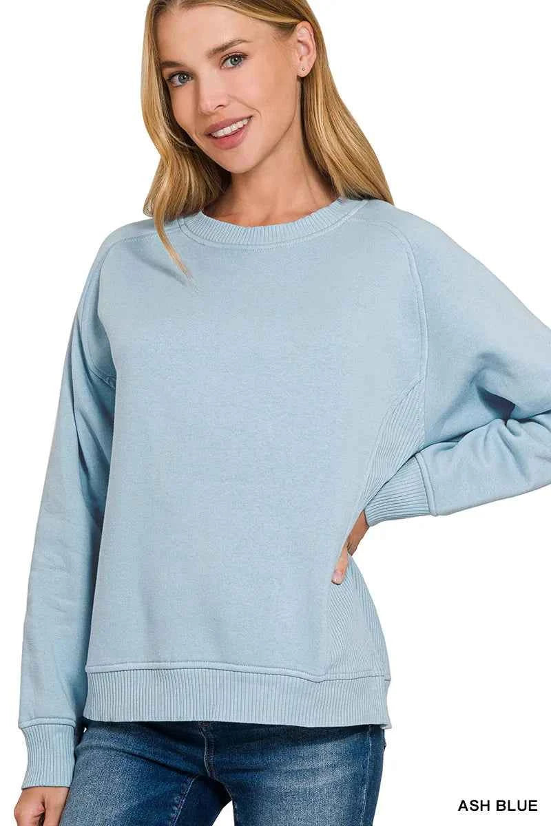 Zenana Fleece Round Neck Ribbed Side Raglan Sweatshirt ASH BLUE b9b2feb3-30f5-46c4-acbd-793b001197a6-Max-Origin