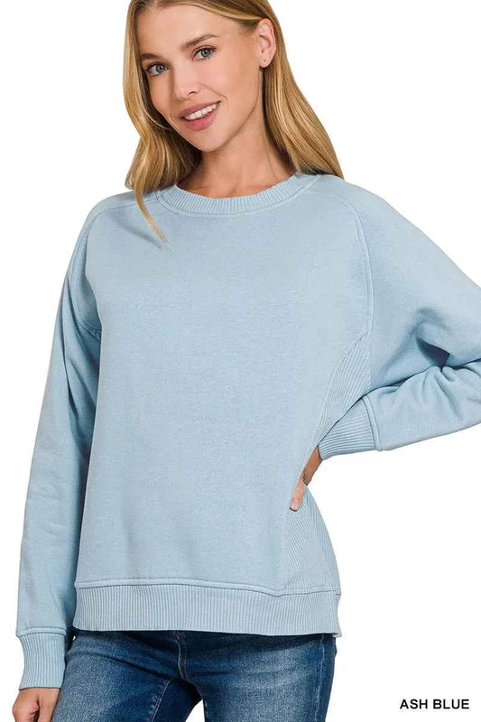 Zenana Fleece Round Neck Ribbed Side Raglan Sweatshirt ASH BLUE b9b2feb3-30f5-46c4-acbd-793b001197a6-Max-Origin