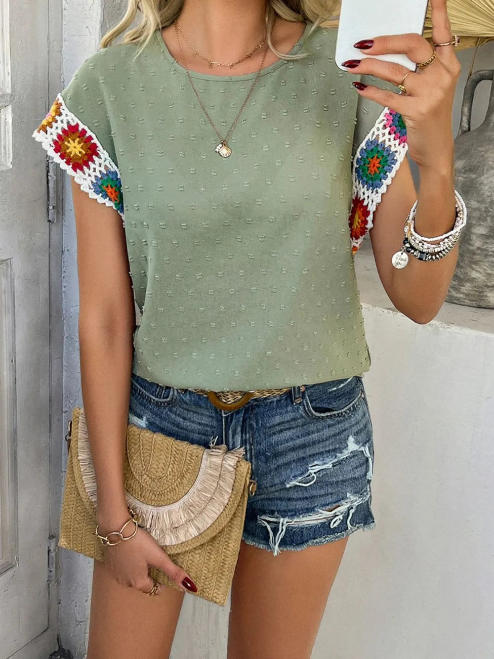 Devine Swiss Dot Round Neck Crochet Short Sleeve Top b9b73d25-33ef-406b-bb06-22befb975d69-Max