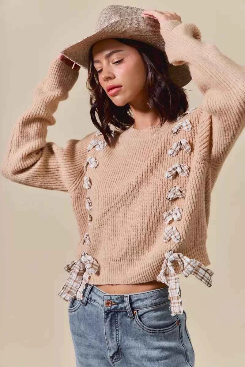 SO ME Checkered Plaid Tape Lace Up Ribbed Sweater b9b83b5360c54597a7141a6f227ecd06-Max-Origin