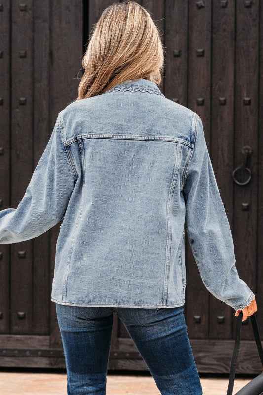 Solid Denim Scallop Collar Patch Pocket Buttoned J b9b8c4e2-f3aa-4040-89aa-5b562b9ac0cf