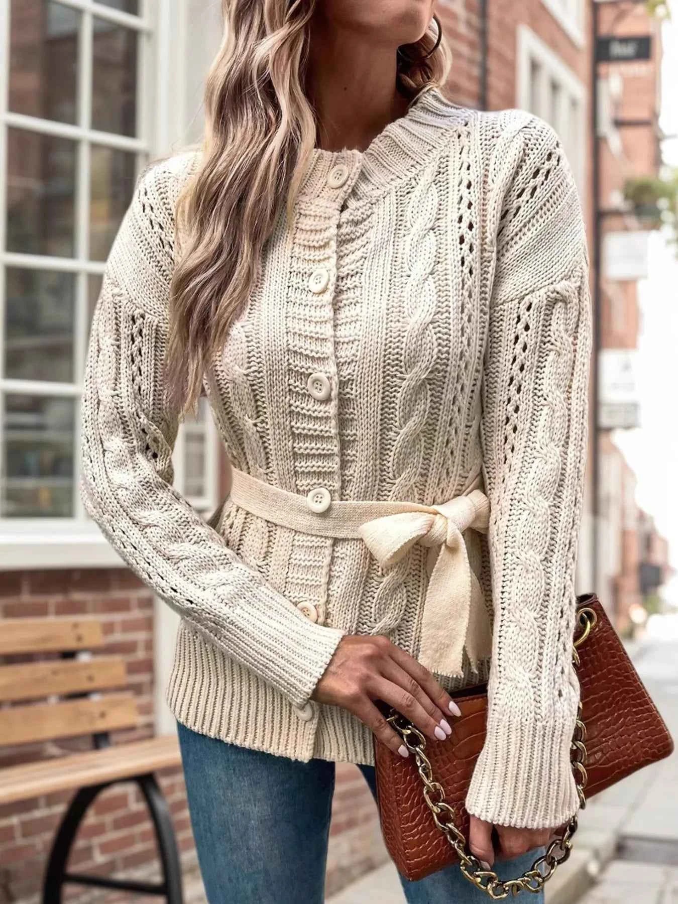 Cable Knit Belted Cardigan with Button Front