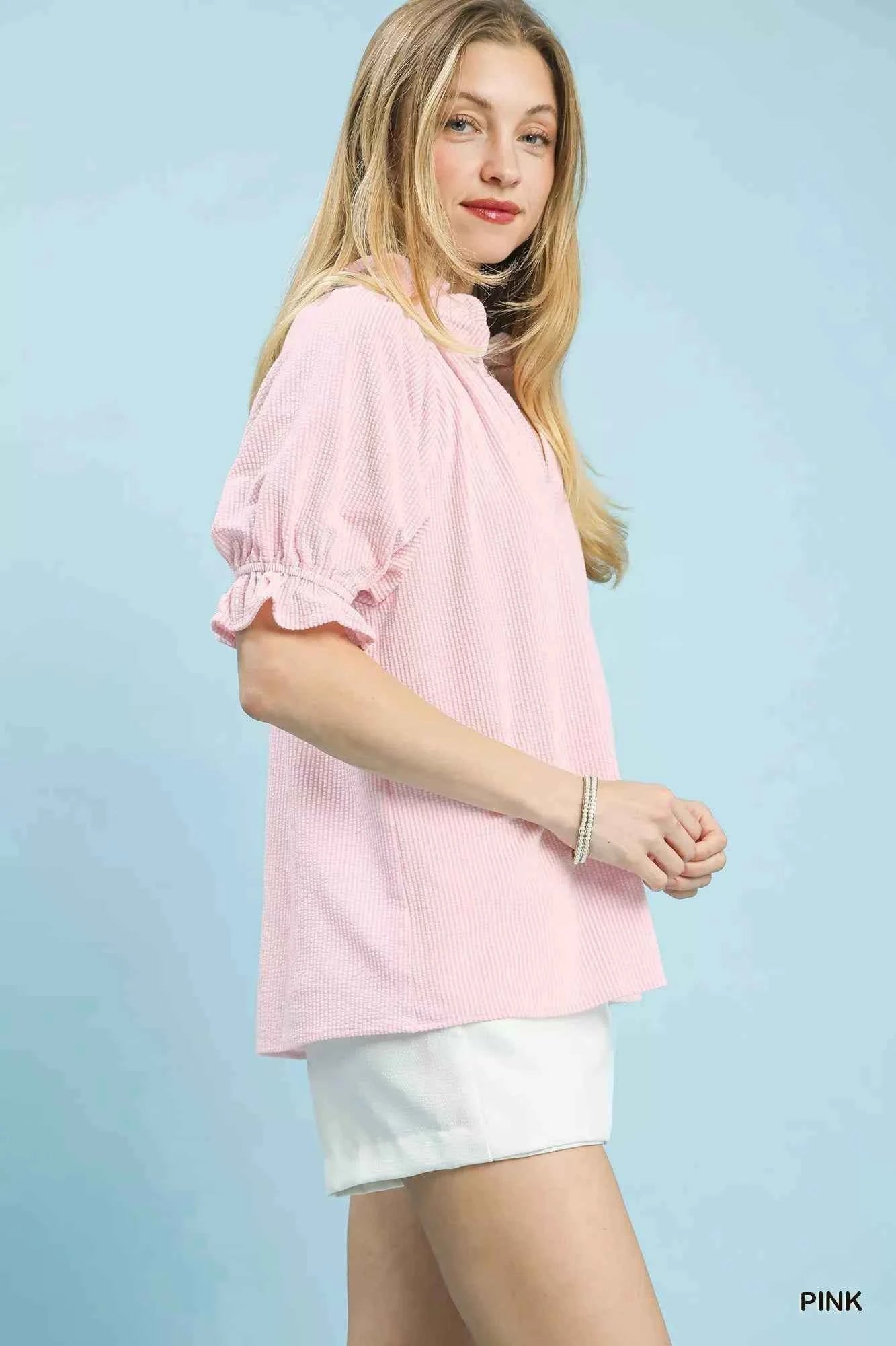 Umgee Textured Ruffle Sleeve V-Neck Top b9bde93e-1444-49aa-b264-582060504918-Max-Origin