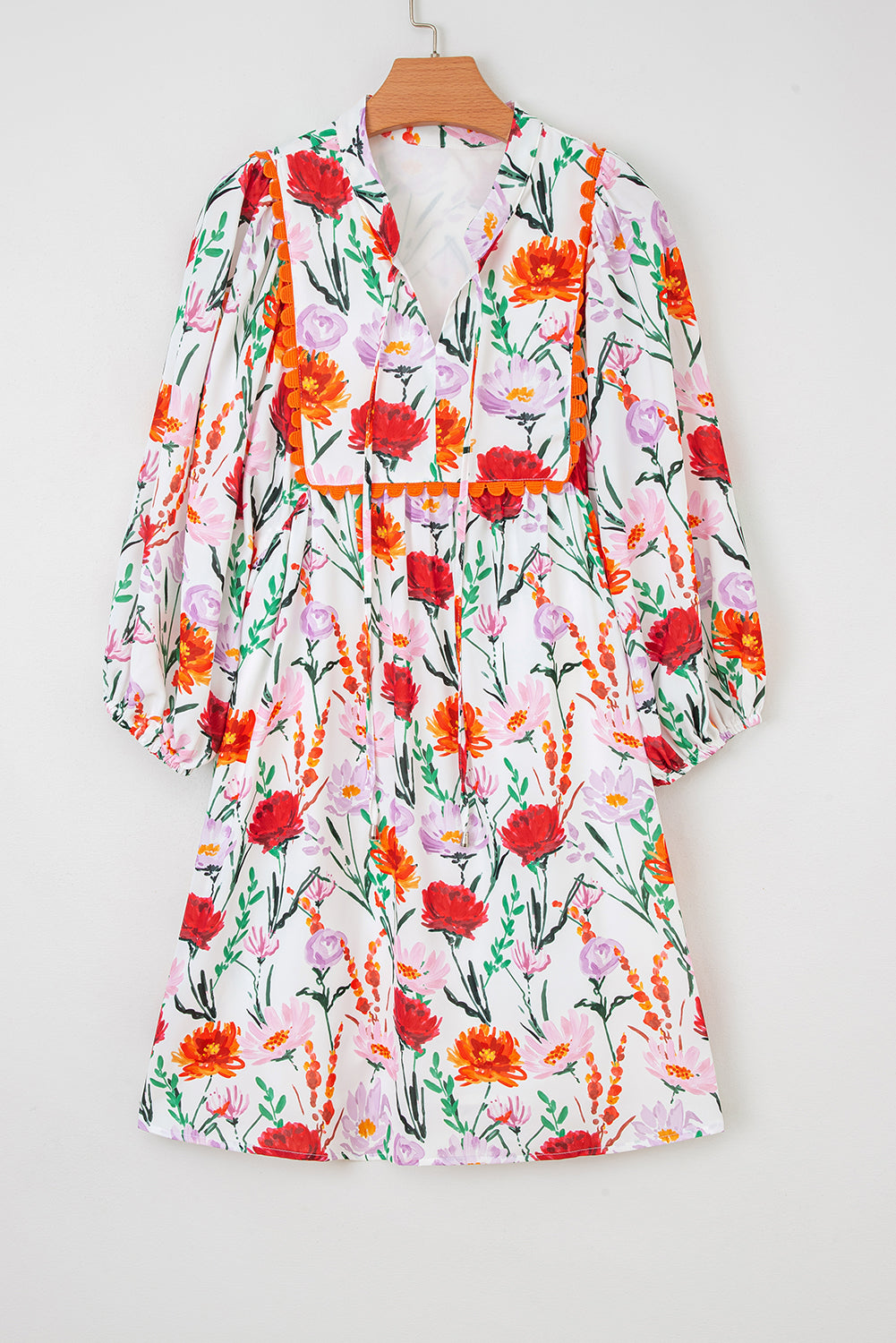 Beige Floral Print 3/4 Puff Sleeve Ricrac Trim Mini Dress b9bfb65caf06adef