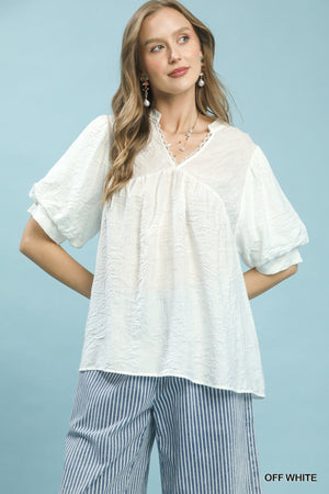 Textured Lace Trim V-Neck Boho Blouse OFF WHITE b9c08973-2ddc-45ca-a6f4-39bc01d23b54-Max