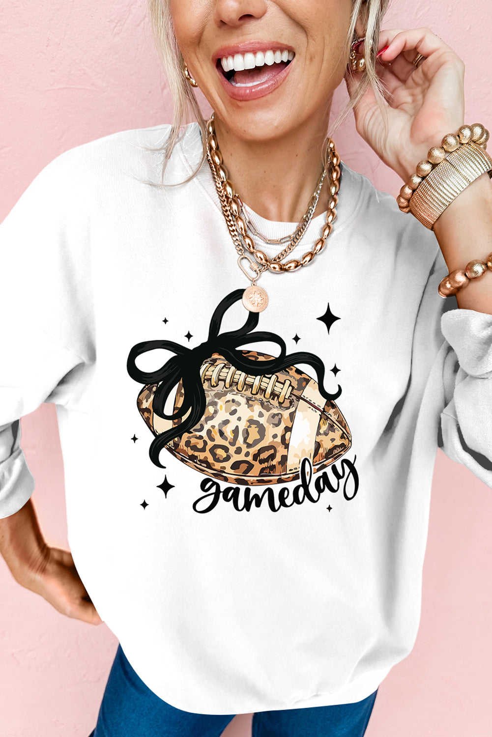 White Game Day Leopard Football Graphic Heat Transfer Printing Crew Neck Sweatshirt b9c09057c9b3cf79
