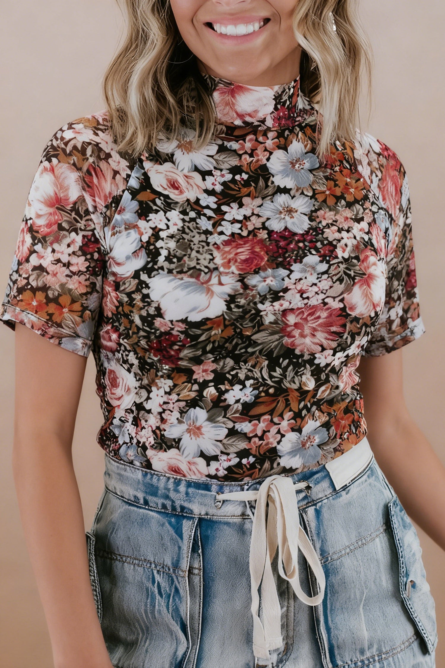 Brown Floral Print High Neck Short Sleeve Mesh Top Brown 95%Polyester+5%Elastane b9c3ad173661bf1d