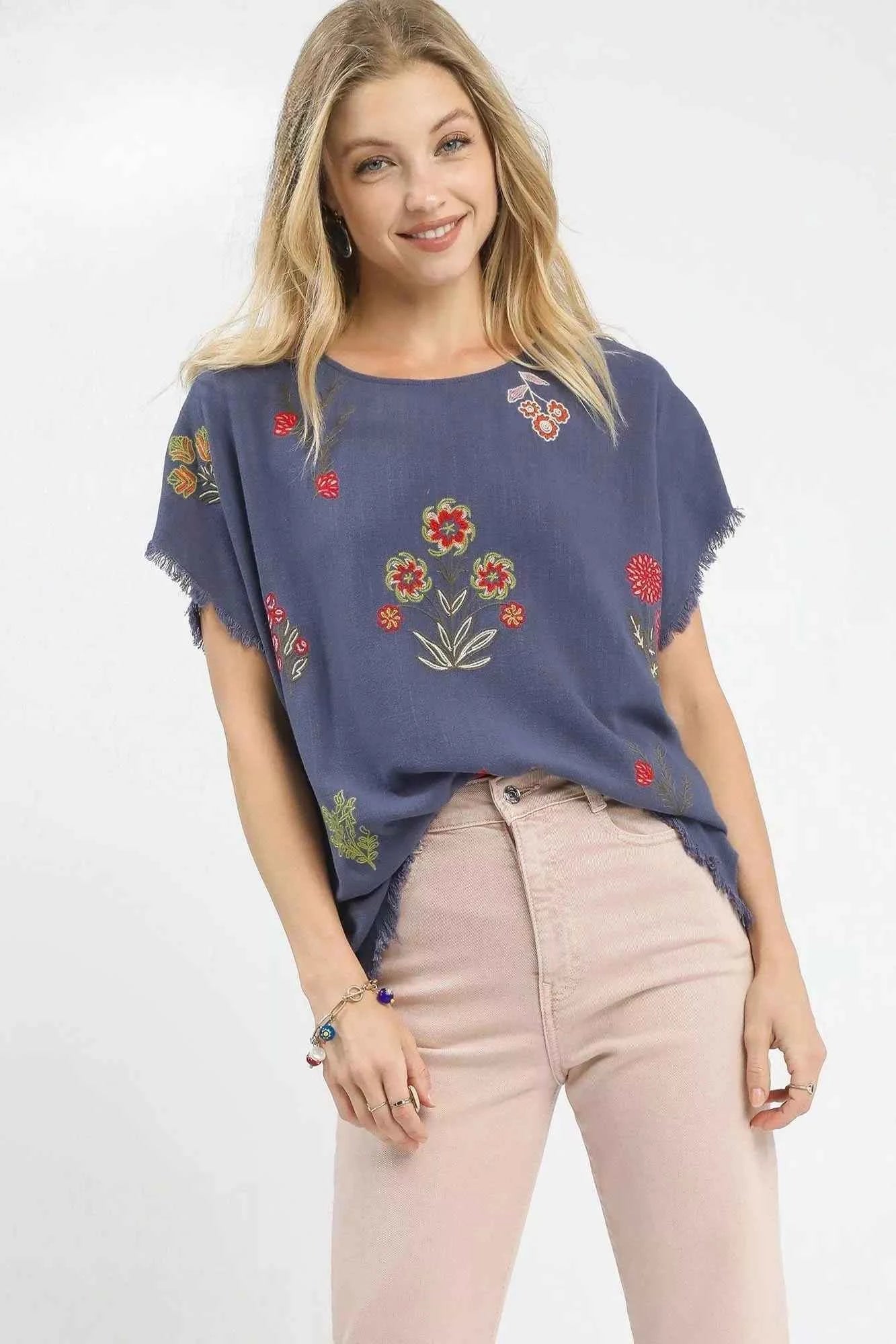 Linen Blend Embroidered Frayed Hem Top b9c3c498-0708-4460-9bcd-5e9950107dc4-Max-Origin