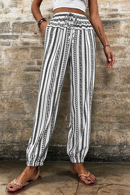 Black Stripe Geometric Print Drawstring Cuff Pants b9c4d1e0baace9d7
