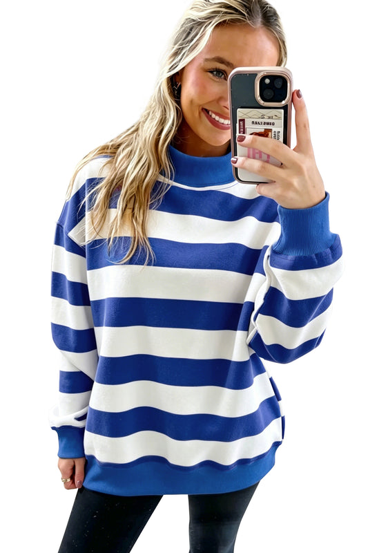 Blue Stripe Colorblock Mock Neck Relaxed Sweatshirt b9cf17d921d1a059