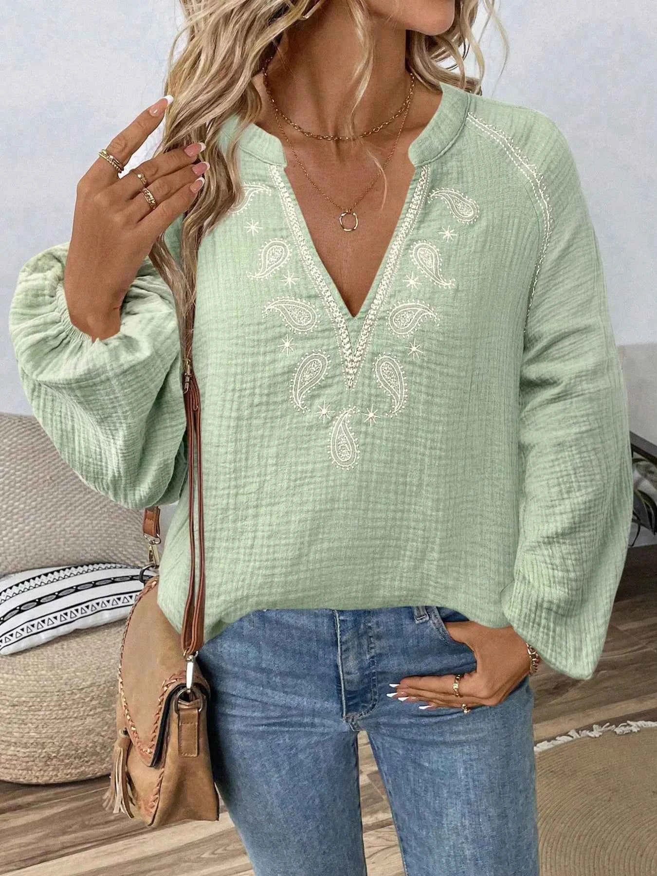 Paisley Pattern Notched Long Sleeve Blouse Matcha Green b9cf256719864e81902323921ad74faa-Max-Origin