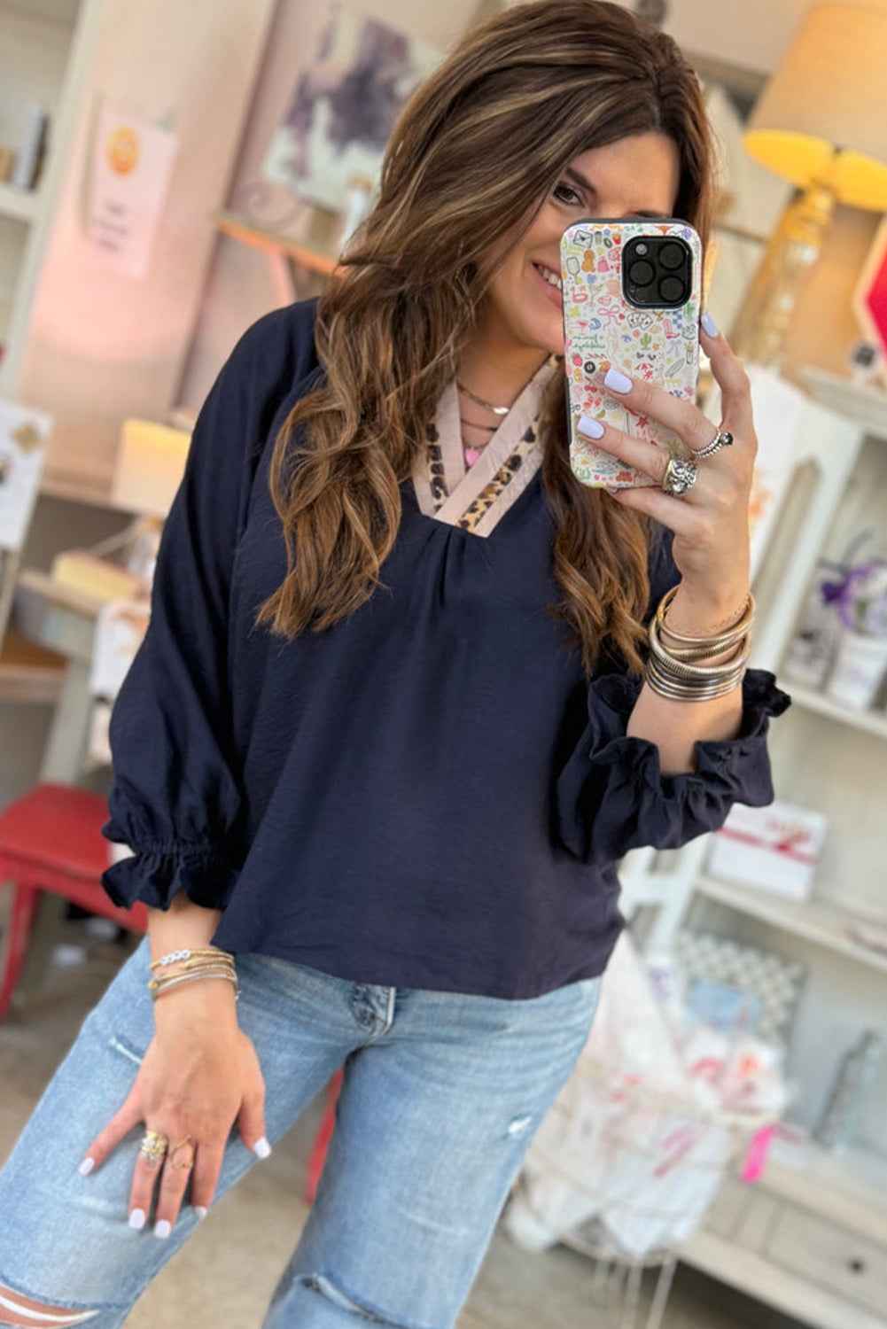 Navy Blue Contrast Leopard Patchwork Collar Plus Size Long Flounce Sleeve Blouse b9d3bcbfe974452d