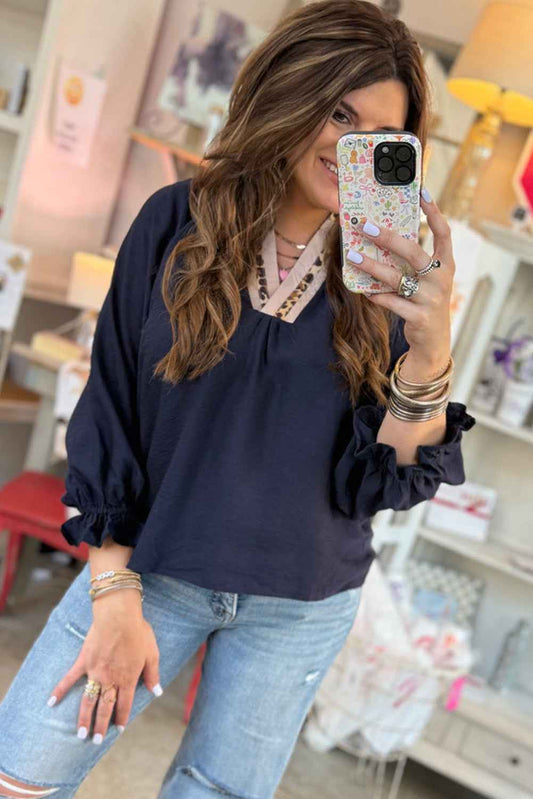 Navy Blue Contrast Leopard Patchwork Collar Plus Size Long Flounce Sleeve Blouse b9d3bcbfe974452d