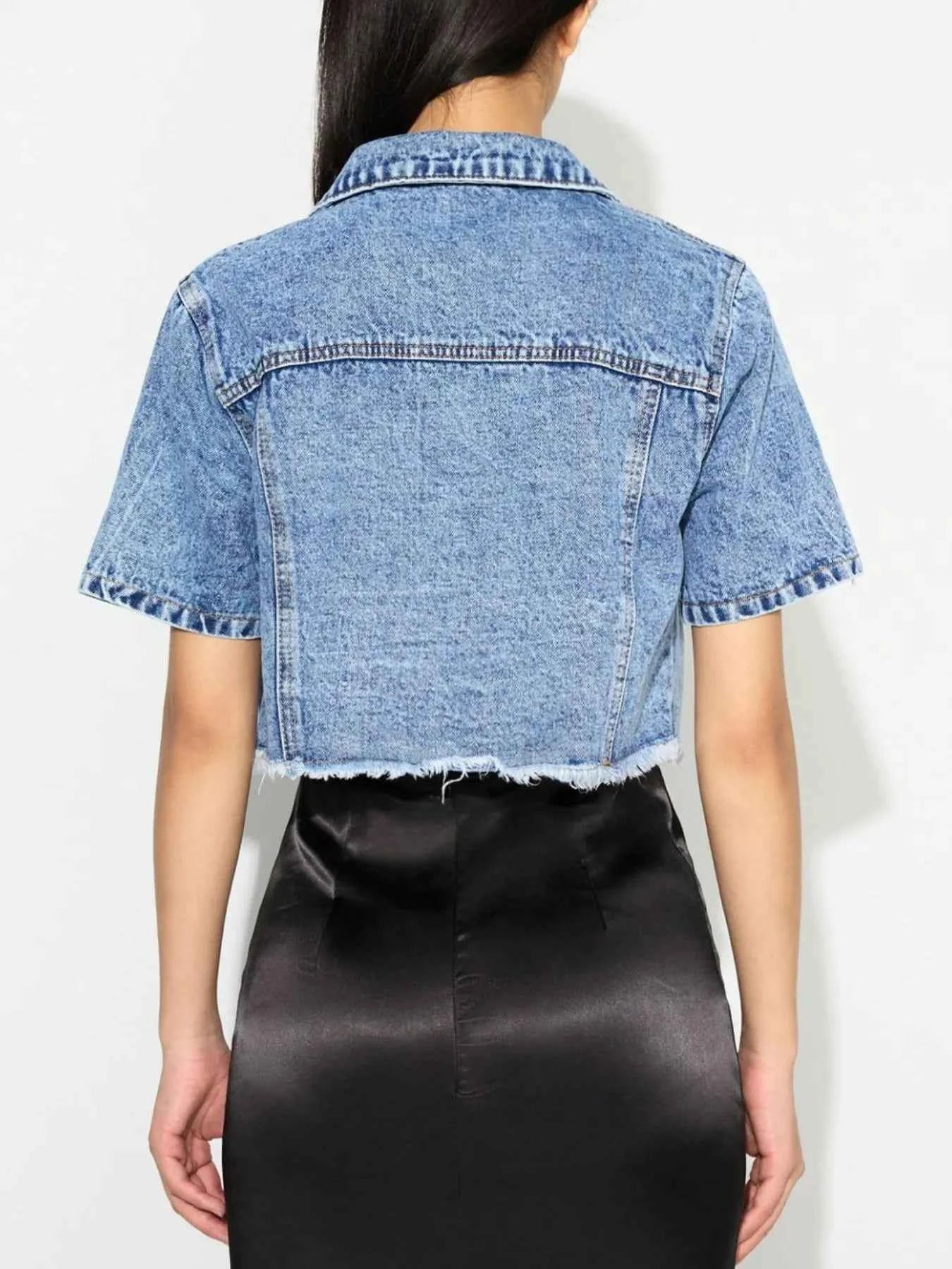Cropped Short Sleeve Denim Jacket with Frayed Hem b9d9372e-9134-4529-b384-e7fc24184c8c-Max-Origin