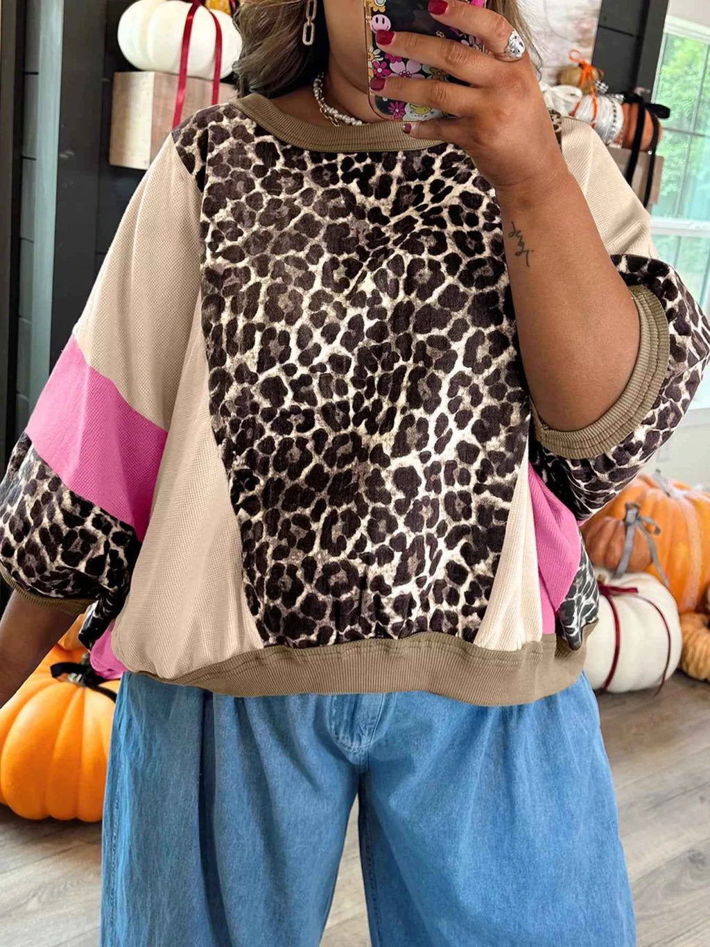 Leopard Print Color Block Round Neck Top Multicolor b9da81eb-92a8-495a-836a-3914062c47fb-Max-Origin