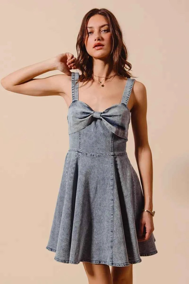 Mineral Washed Bow Ribbon Denim Flare Dress b9db11701d60430ead420561eebe035e-Max-Origin