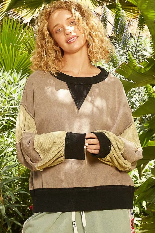 POL Waffle-Knit Detail Color Block Round Neck Sweatshirt Mocha b9dc5234-8196-40d4-a467-6b7d3d05b4d4-Max