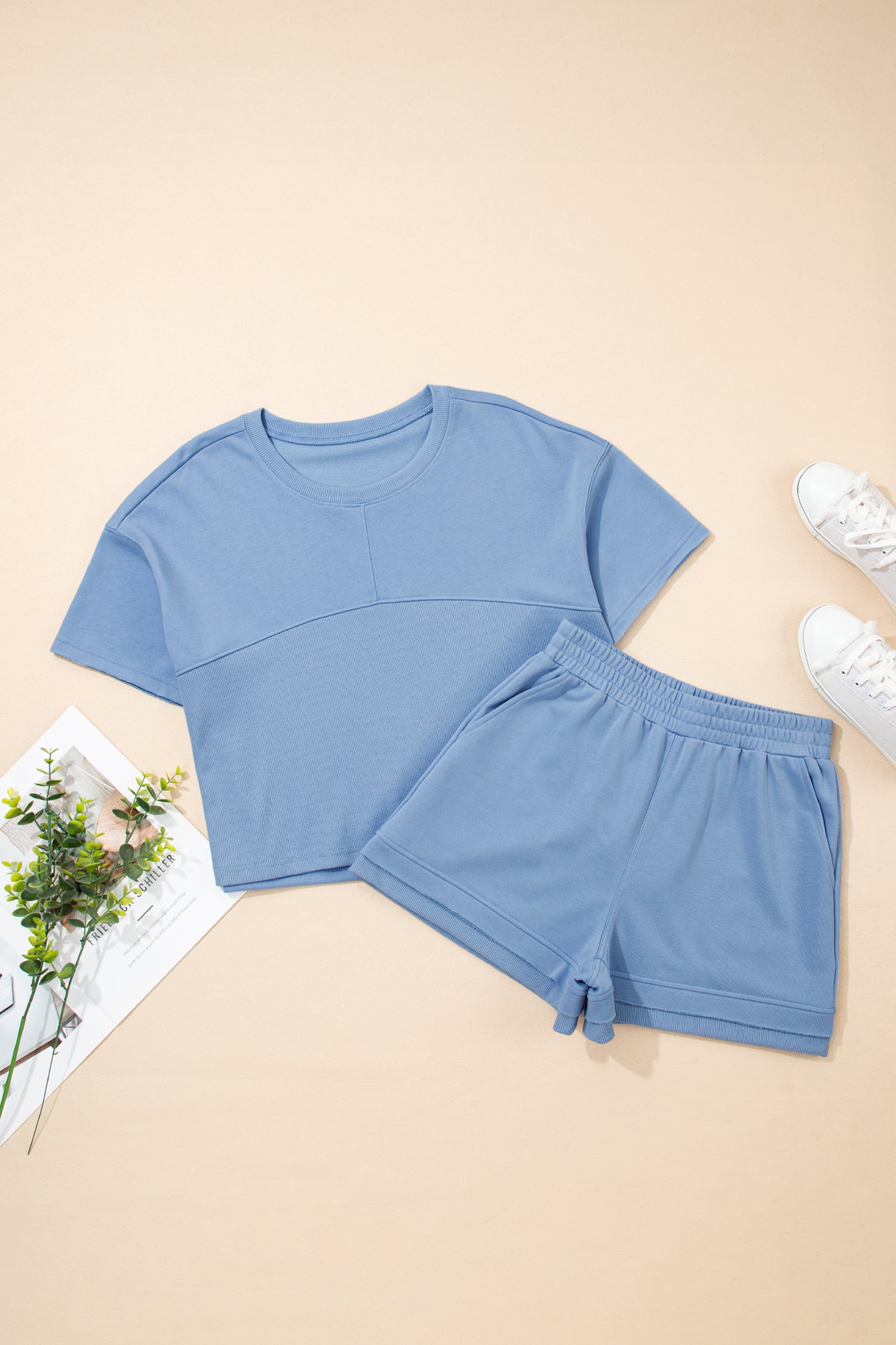 Sky Blue Solid Color Contrast Textured Patchwork Raw Edge 2pcs Short Set b9dd5876b320eb82