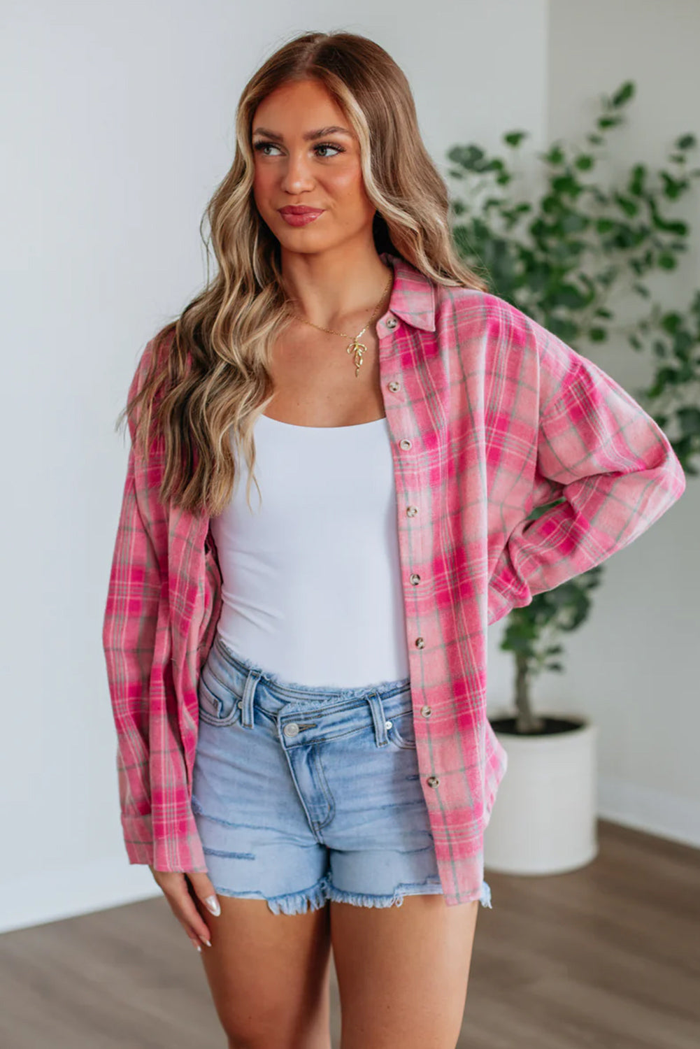 Sachet Pink Plaid Rounded Hem Long Sleeve Shirt b9e0caa9375cc990