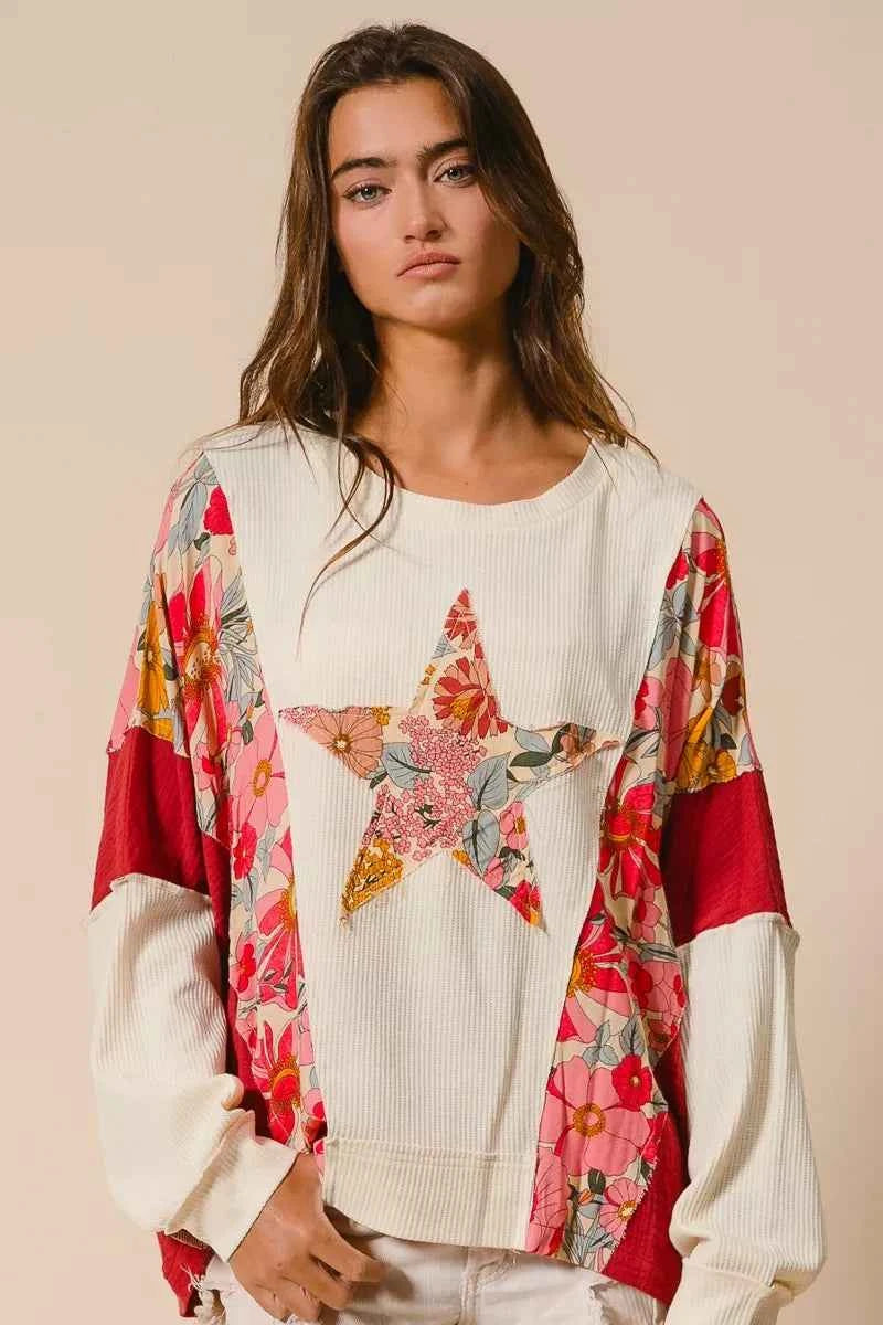 BiBi Floral Print Mixed Star Patch Round Neck Sweatshirt OATMEAL RUST b9e14a85aad1401493dd1dd5e3b43848-Max-Origin