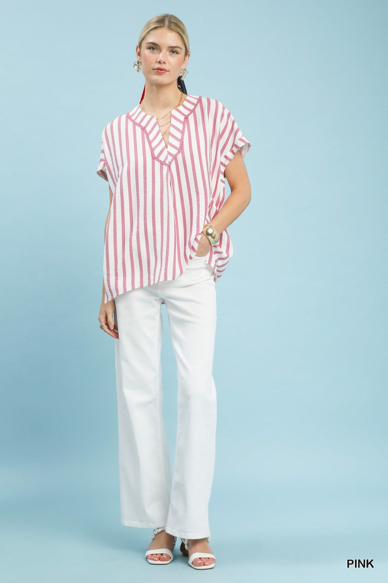 Umgee Mixed Stripe Split Neck Oversized Blouse b9ea8ce6-e55a-494a-92c0-ba757619aaac-Max