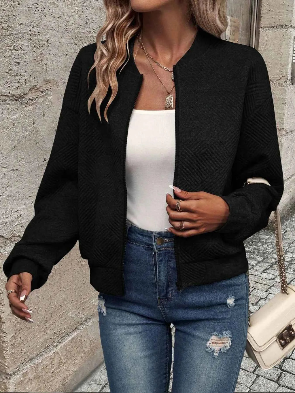Zip-Up Textured Long Sleeve Jacket Black b9ee924031064fabb1c57c9e8941ad02-Max-Origin
