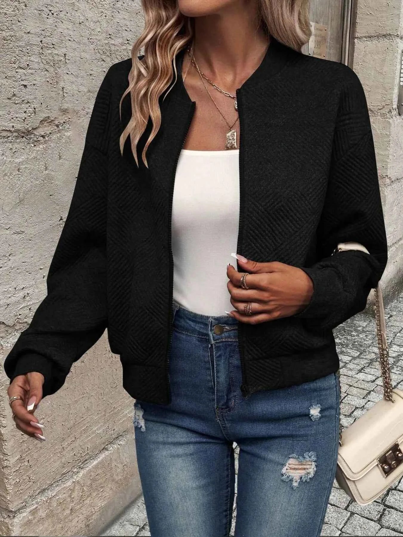 Zip-Up Textured Long Sleeve Jacket Black b9ee924031064fabb1c57c9e8941ad02-Max-Origin
