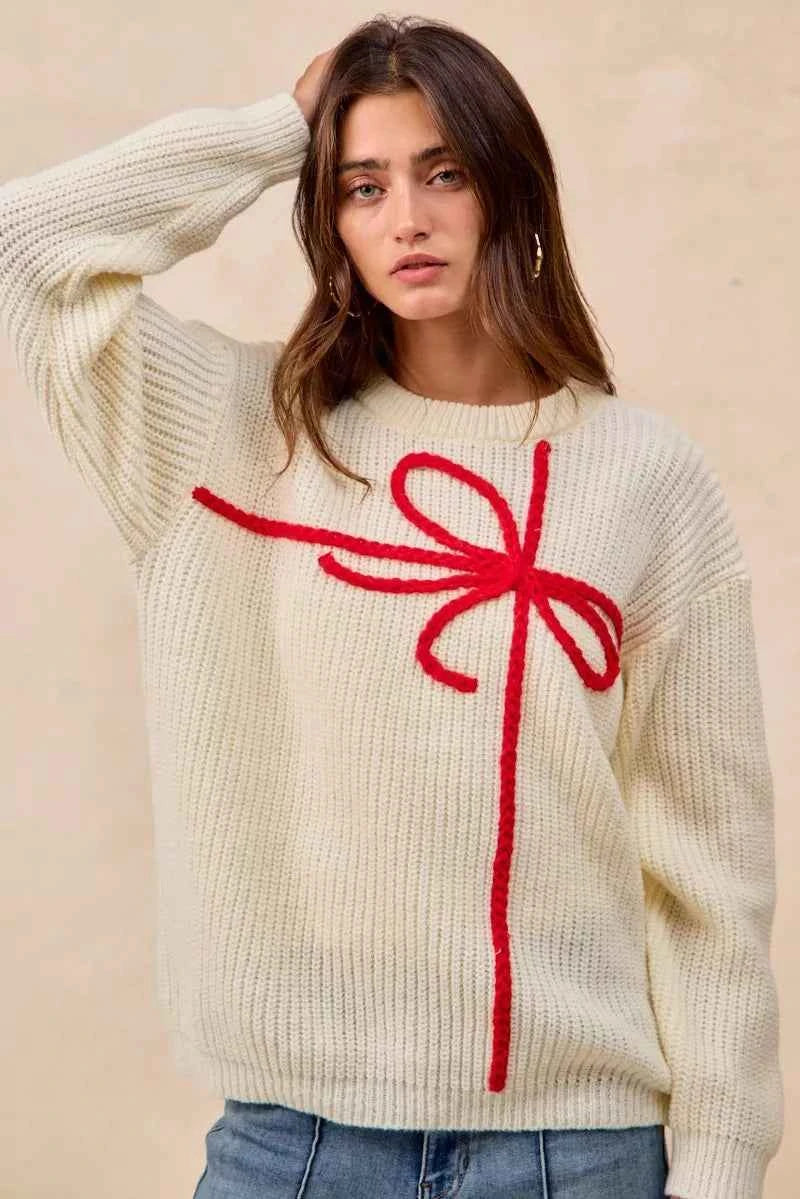 BiBi Christmas Ribbon Bow Embroidery Sweater b9f1f194f80041ed8a2a34143aebe80a-Max-Origin