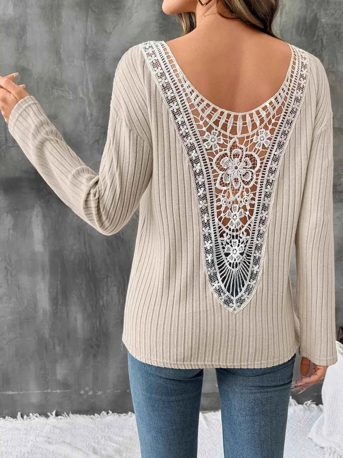 Lace Detail Ribbed Knit Long Sleeve T-Shirt