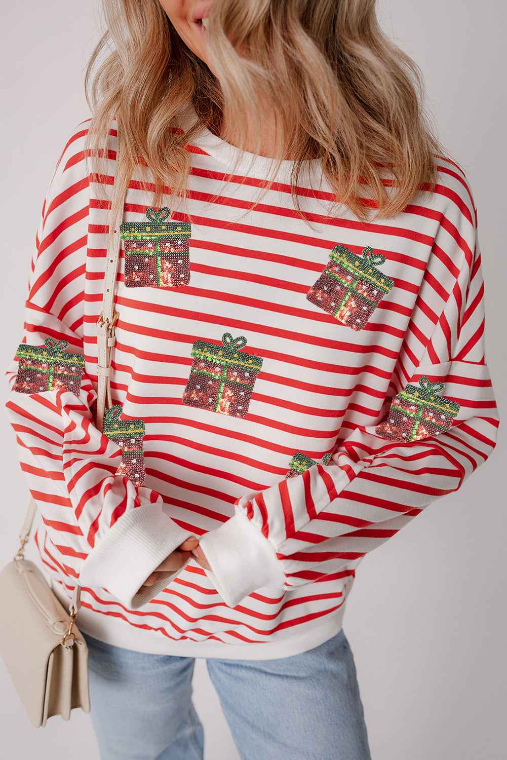 Orange Stripe Sequin Christmas Gift Patched Drop Shoulder Sweatshirt b9f88e7abe48011c
