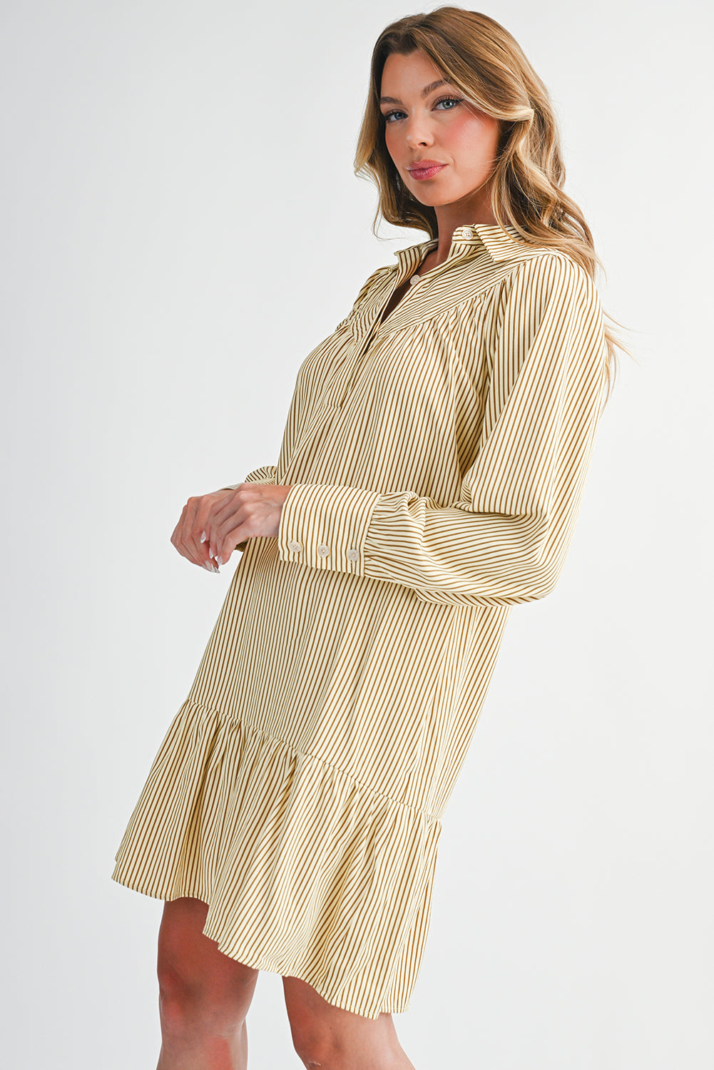 Brown Striped Shirt Collar Ruffle Hem Long Sleeve Dress b9fcb653ab34bb07