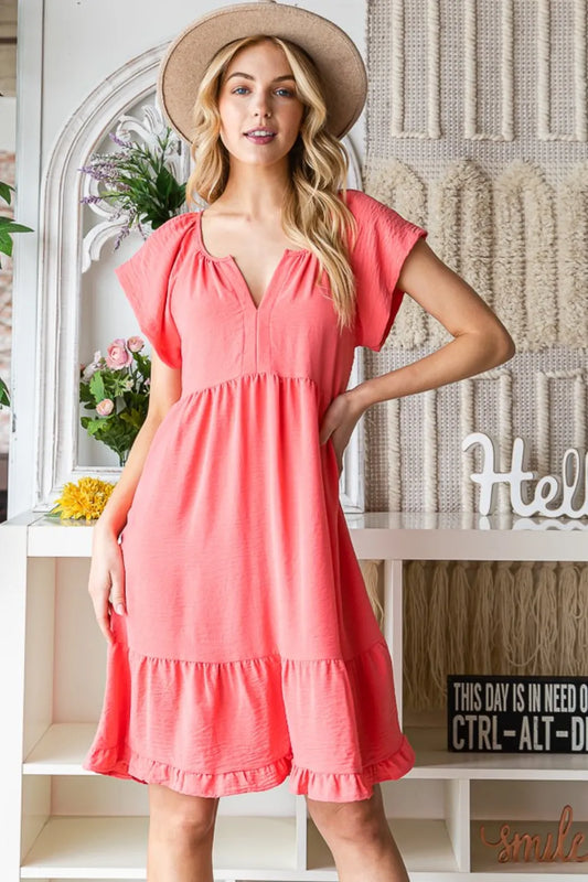 Ruffled Notched Cap Sleeve Dress ba015aeb-54b6-409e-800f-0db386c861ac-Max
