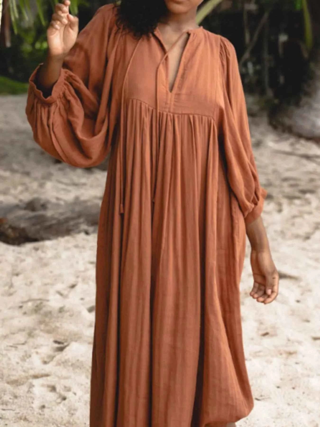 Tie Neck 3/4 Sleeve Midi Dress ba0537e9-3103-43aa-a5b3-20e7e654ebda-Max-Origin