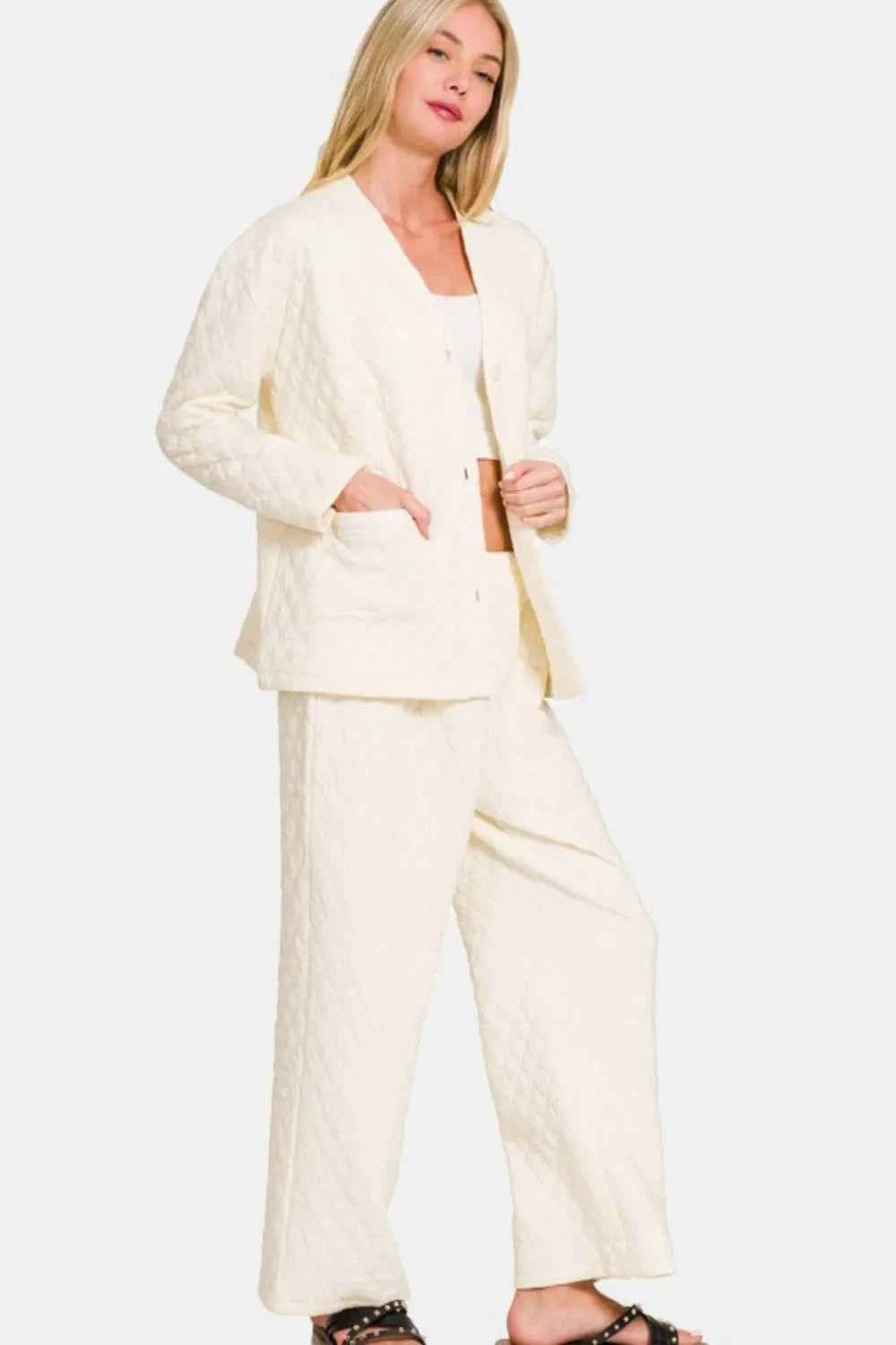 Zenana Quilted Button Up Long Sleeve Top and Pants Lounge Set ba05b6a5-34f5-4638-b5eb-25b1e5946baa-Max